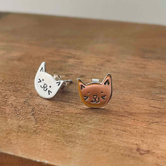 Cat Stud Earrings - Silver